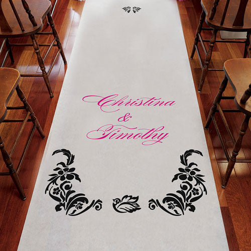 Love Bird Damask Personalized Aisle Runner White With Hearts