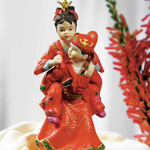 Cute Asian Couple in Traditional Wedding Attire Cake Topper