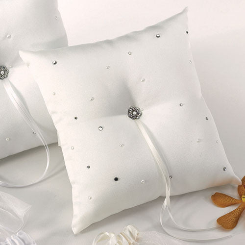 Scattered Pearls & Crystals Square Ring Pillow Ivory