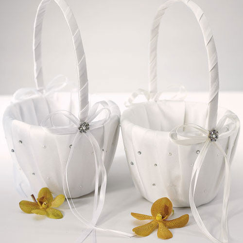 Scattered Pearls & Crystals Flower Girl Basket White