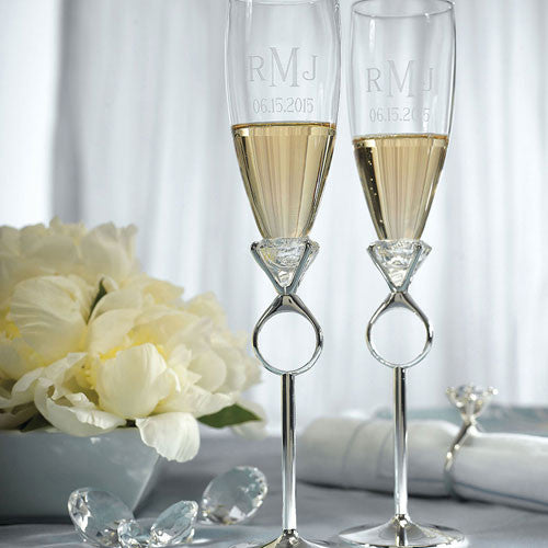 Diamond Ring Design Wedding Champagne Glasses