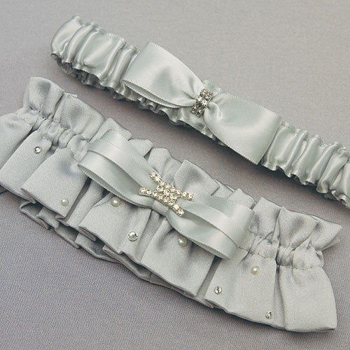 Platinum Scattered Pearls & Crystals Bridal Garter Set