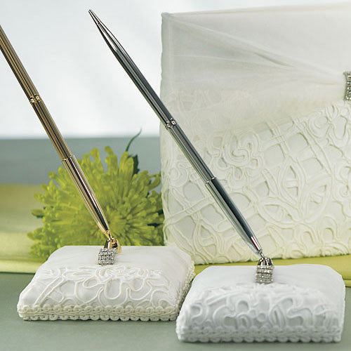 Bridal Tapestry Satin Wrapped Pen Set White