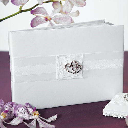 Classic Double Heart Traditional Guest Book White