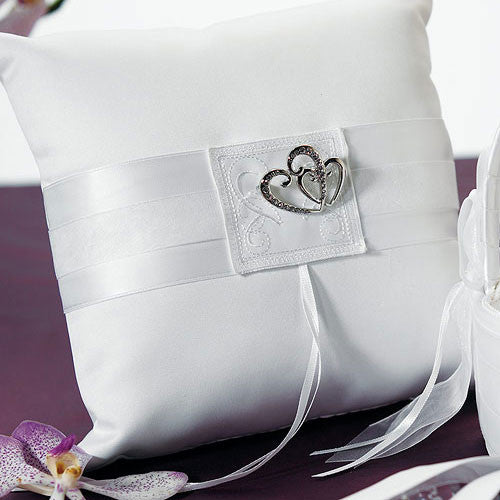 Classic Double Heart Square Ring Pillow White