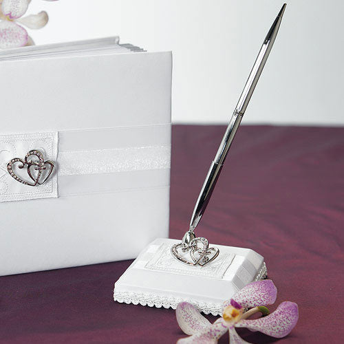 Classic Double Heart Satin Wrapped Pen Set Ivory