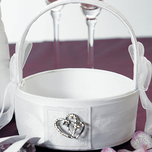 Classic Double Heart Flower Girl Basket White