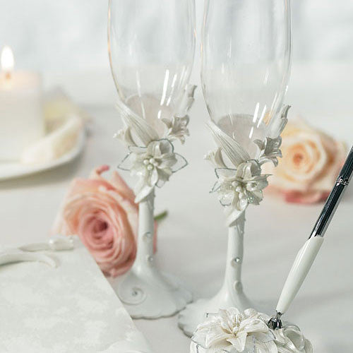 Sculptural White Tiger Lilies Wedding Champagne Flutes