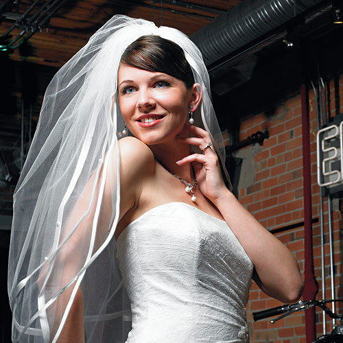 Double Border of Satin Ribbon & Pearls Veil Ivory