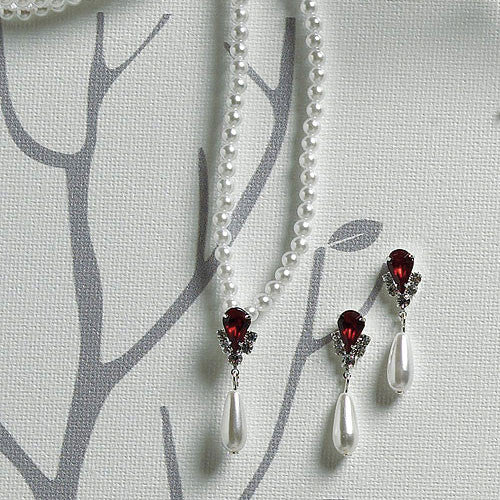 Pear Shaped Crystal with White Pearl Drop Jewelry 3 Piece Set Aqua Je