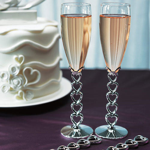 Silver Plated Stacked Hearts Wedding Champagne Flutes