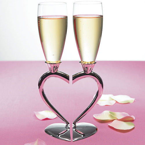 Silver Plated Interlocking Heart Stems Wedding Champagne Glasses