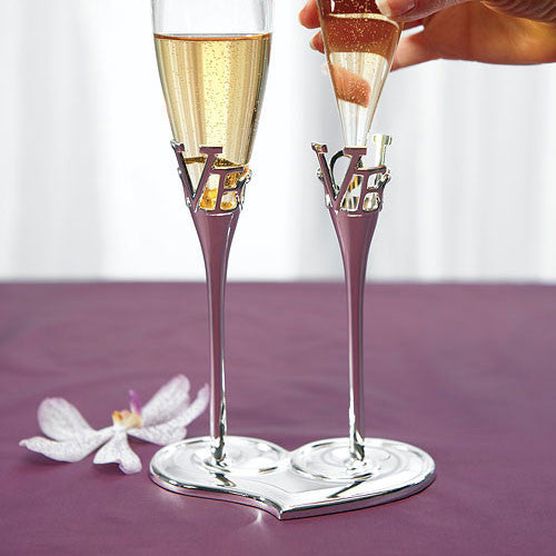 Silver Love Stem Holder And Glass Wedding Champagne Flutes