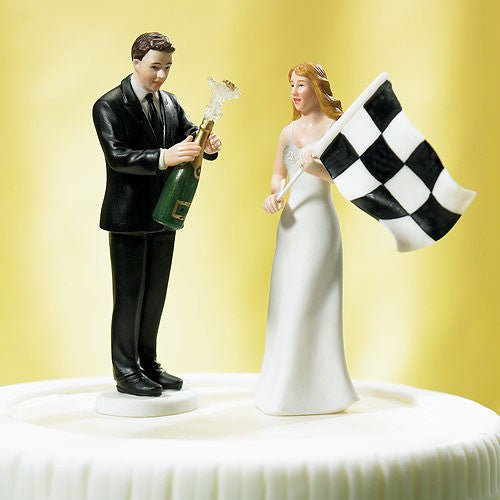 Bride at Finish Line with Victorious Groom Figurine Bride "At the Finish Line" with the Checkered Flag