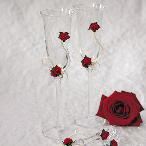 Flower of Love in Romantic Red Wedding Champagne Flutes