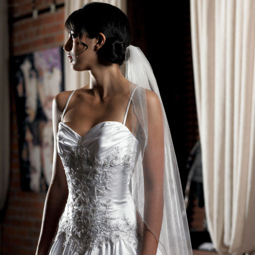 Single Layer Veil in Soft Tulle with Beaded Edging White