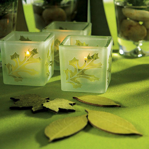 Deep Sandblasted Glass Leaf Cube Tea Light Holders