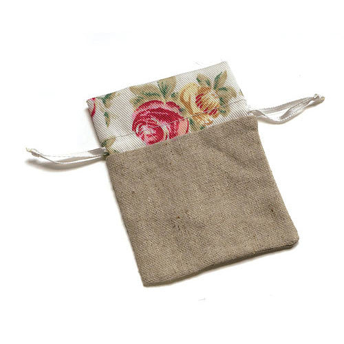 Mini Linen Drawstring Pouch with English Tea Rose Decorative Trim