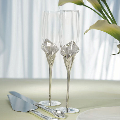 Silver Calla Lily Stem With Glass Wedding Champagne Flutes