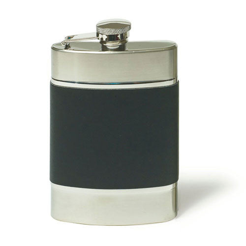 Brushed Stainless and Black Leather Hip Flask